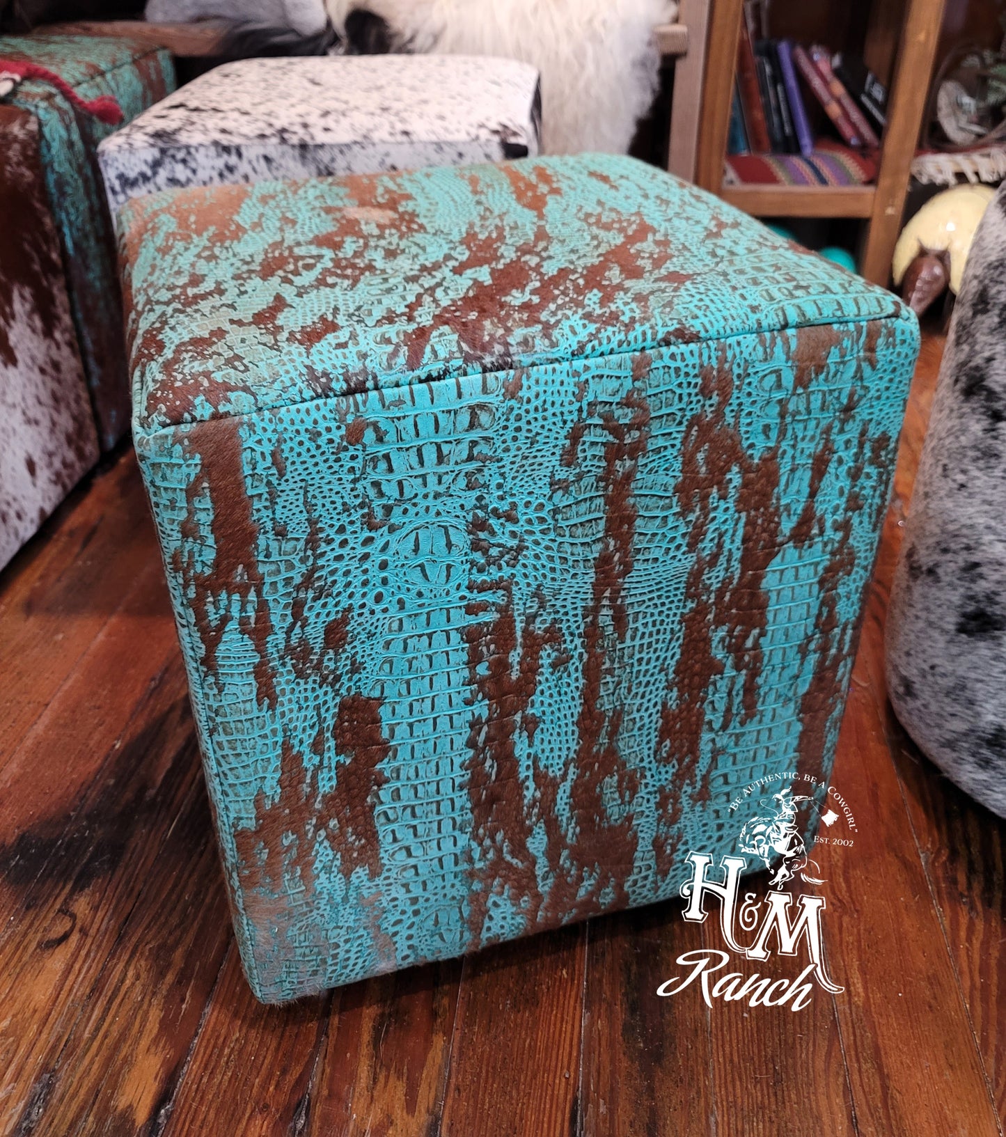 Western Leather Ottoman, Turquoise Embossed Croc Leather Acid Wash #401