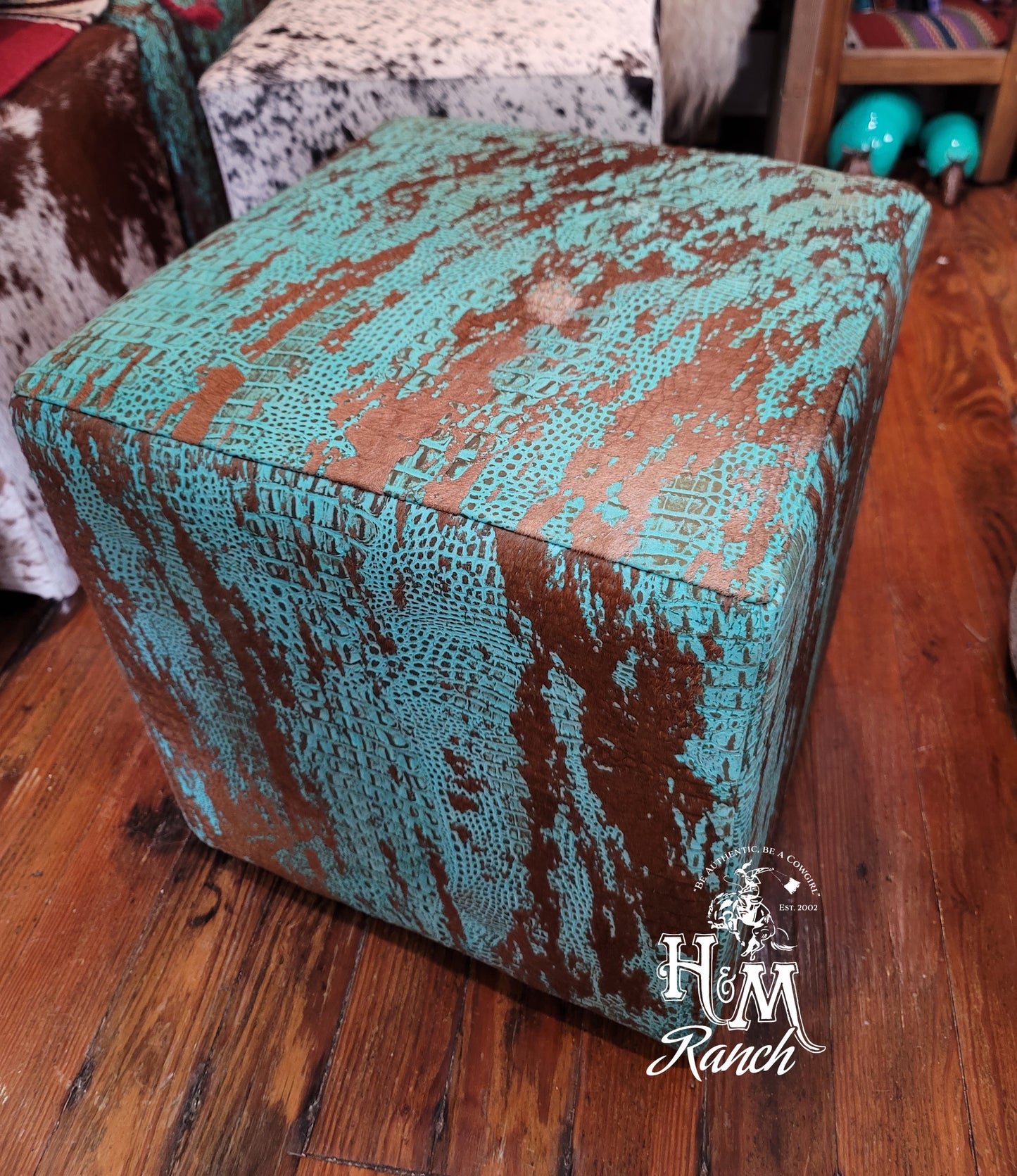 Western Leather Ottoman, Turquoise Embossed Croc Leather Acid Wash #401