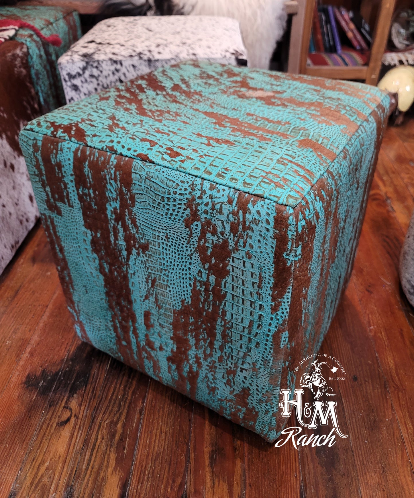 Western Leather Ottoman, Turquoise Embossed Croc Leather Acid Wash #401