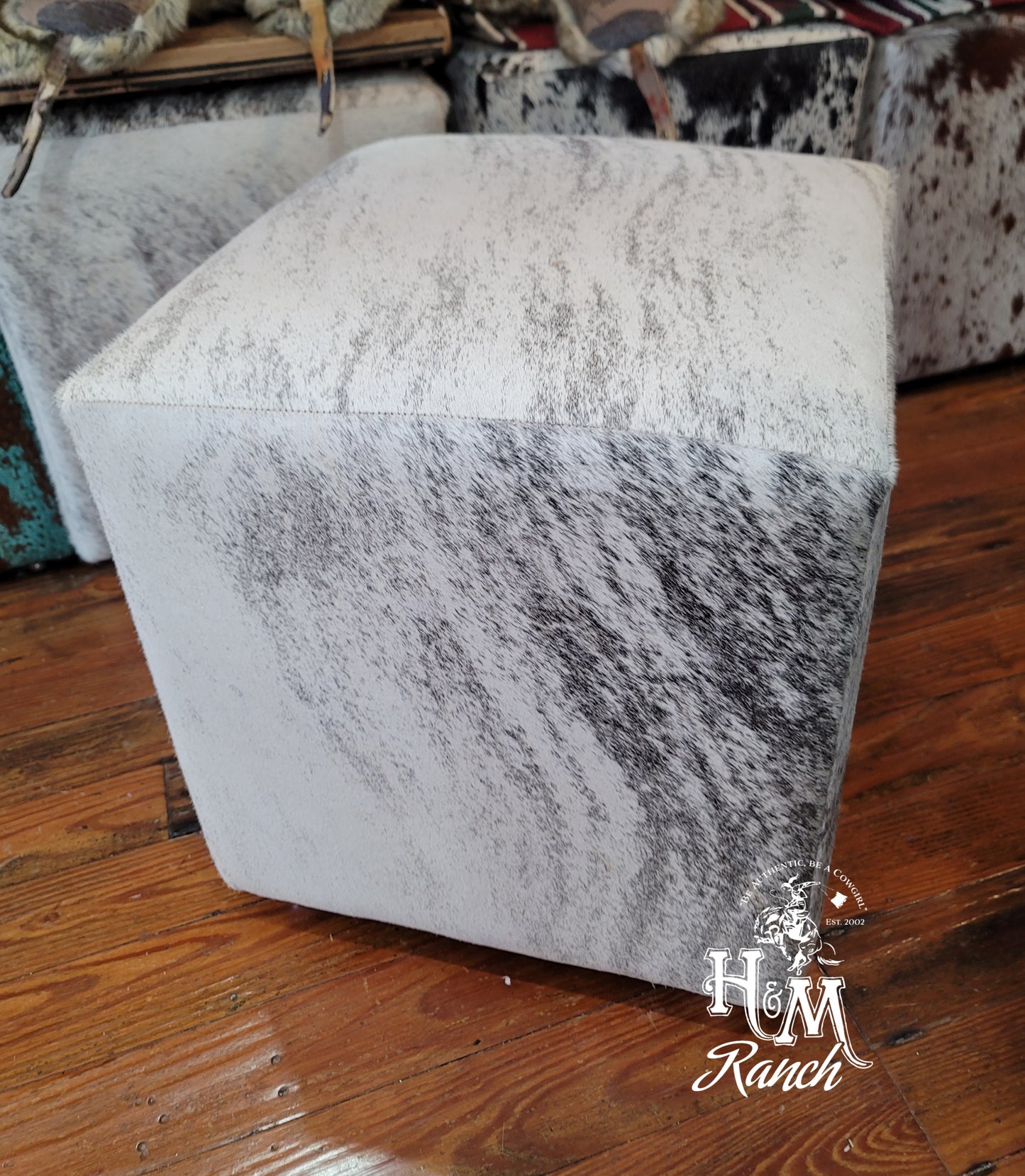 Western Leather Ottoman, Grey Brindle, #502