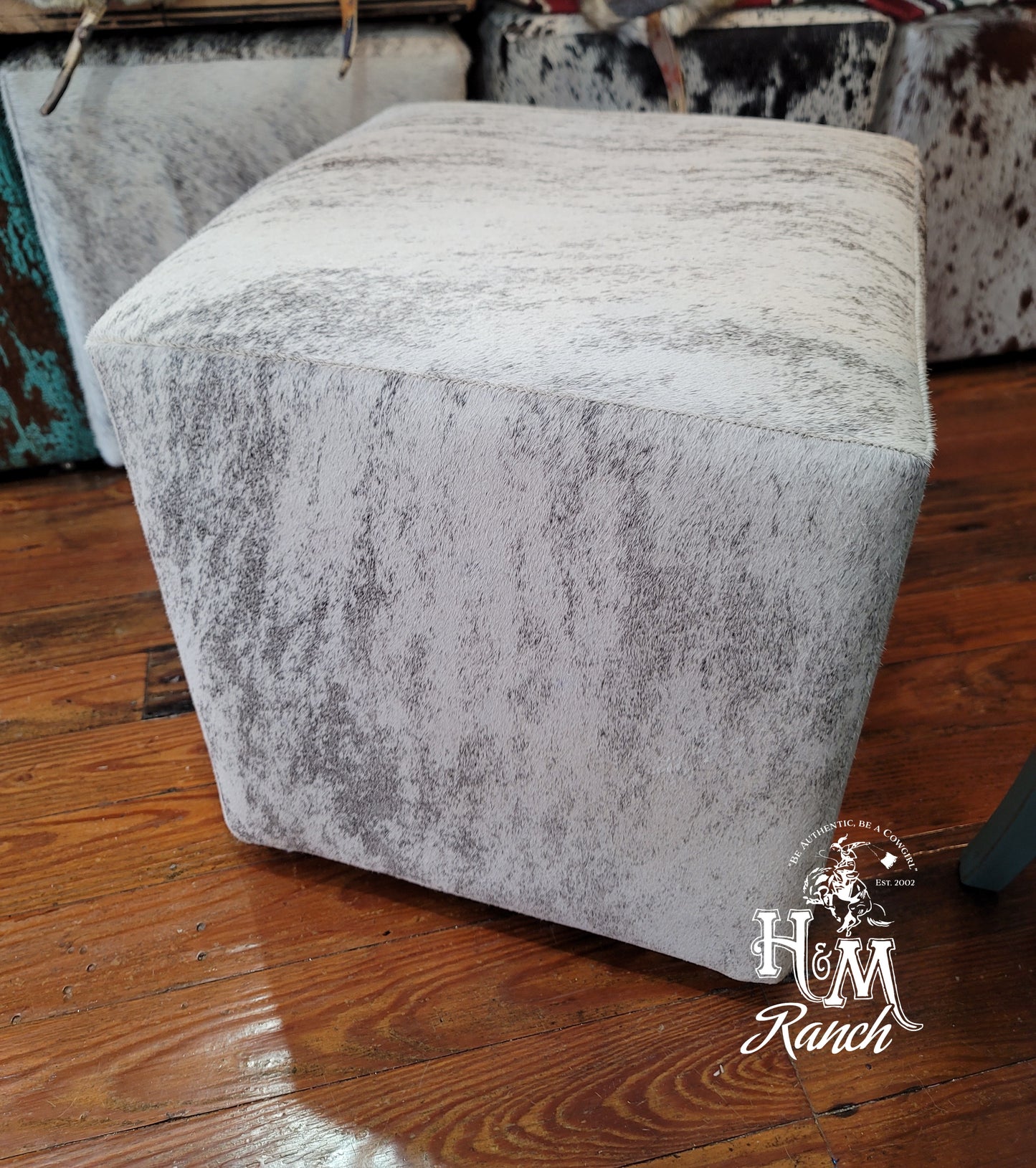 Western Leather Ottoman, Grey Brindle, #502