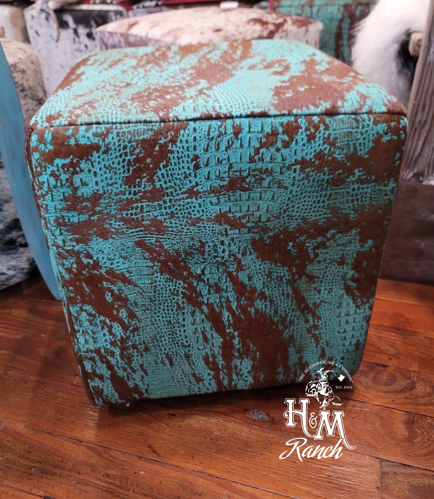 Western Leather Ottoman, Turquoise Embossed Croc Leather Acid Wash #402