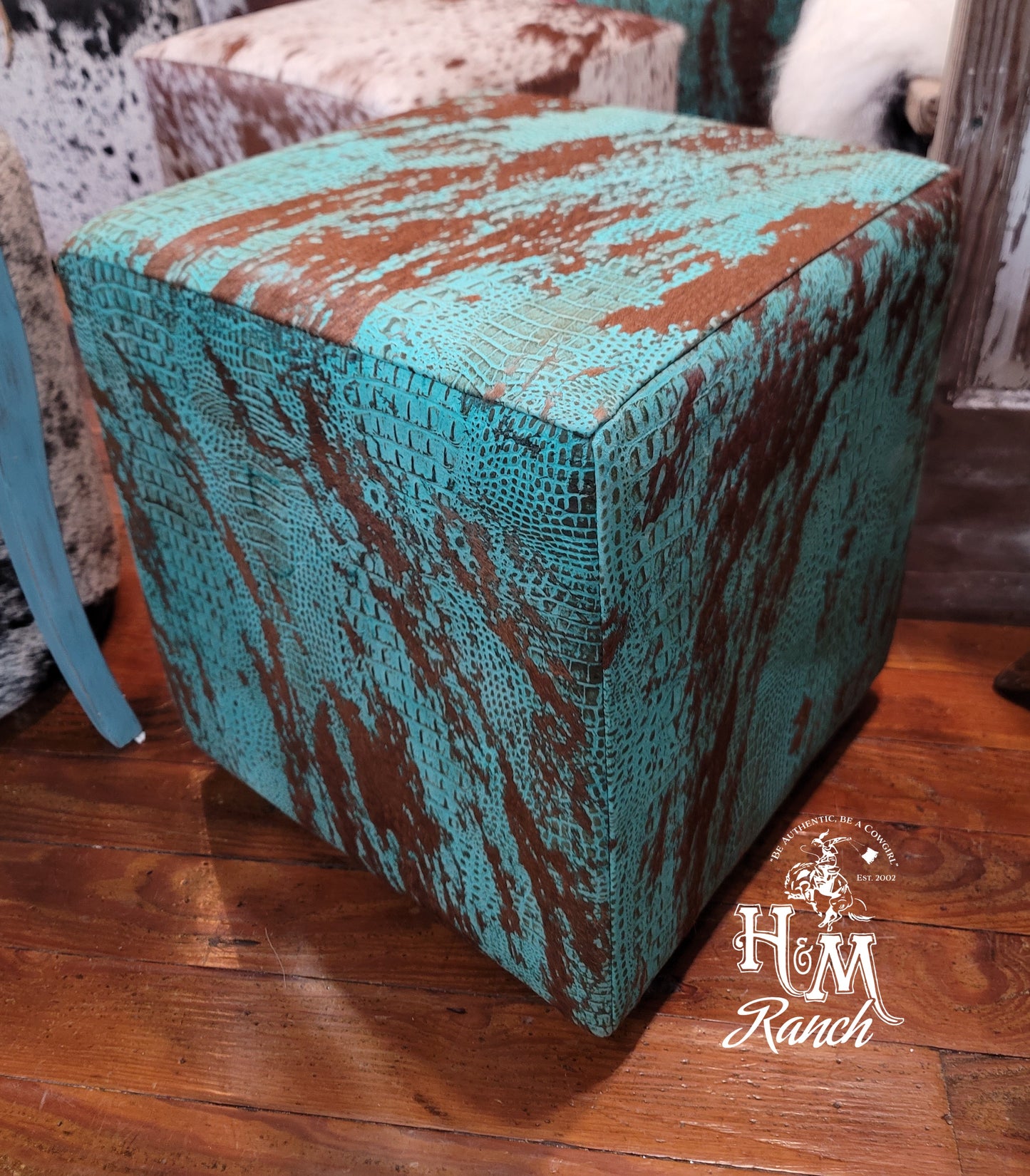 Western Leather Ottoman, Turquoise Embossed Croc Leather Acid Wash #402