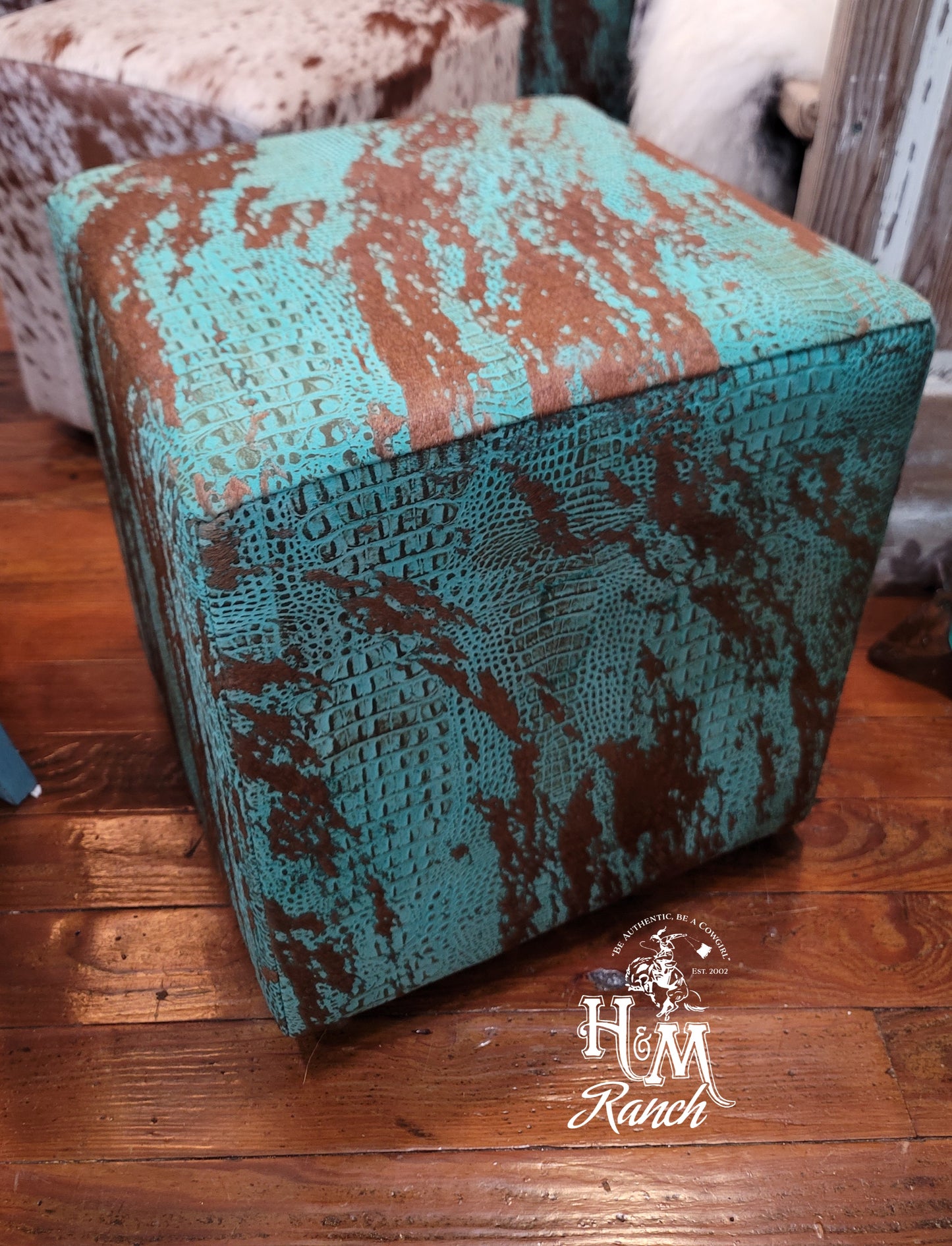 Western Leather Ottoman, Turquoise Embossed Croc Leather Acid Wash #402