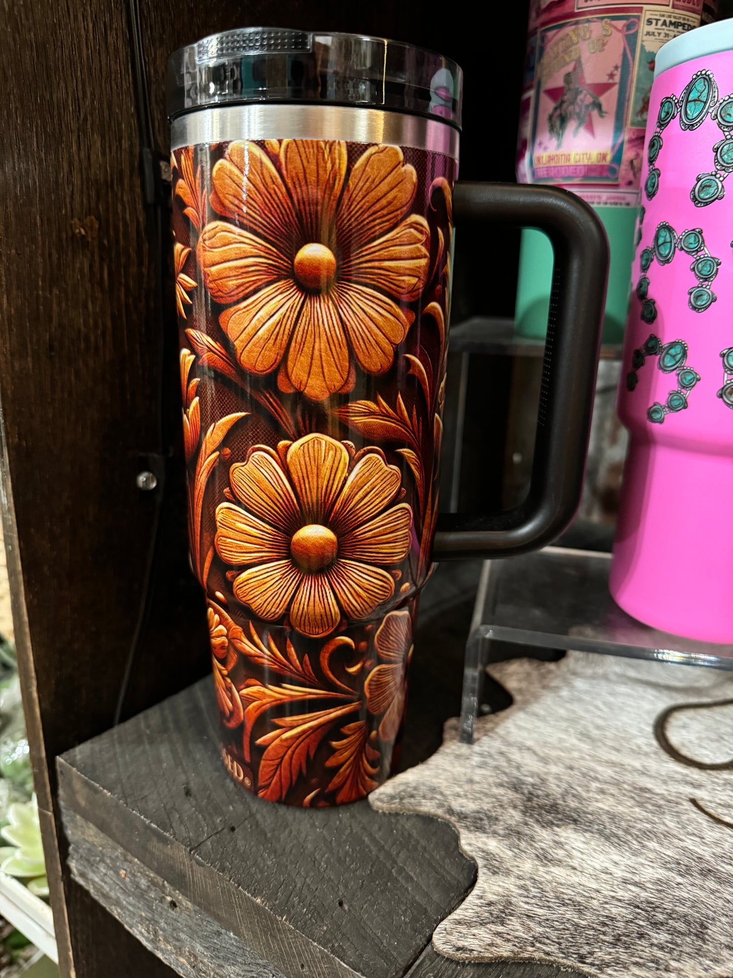 Brown Tooled Tumbler Flip Straw 30oz