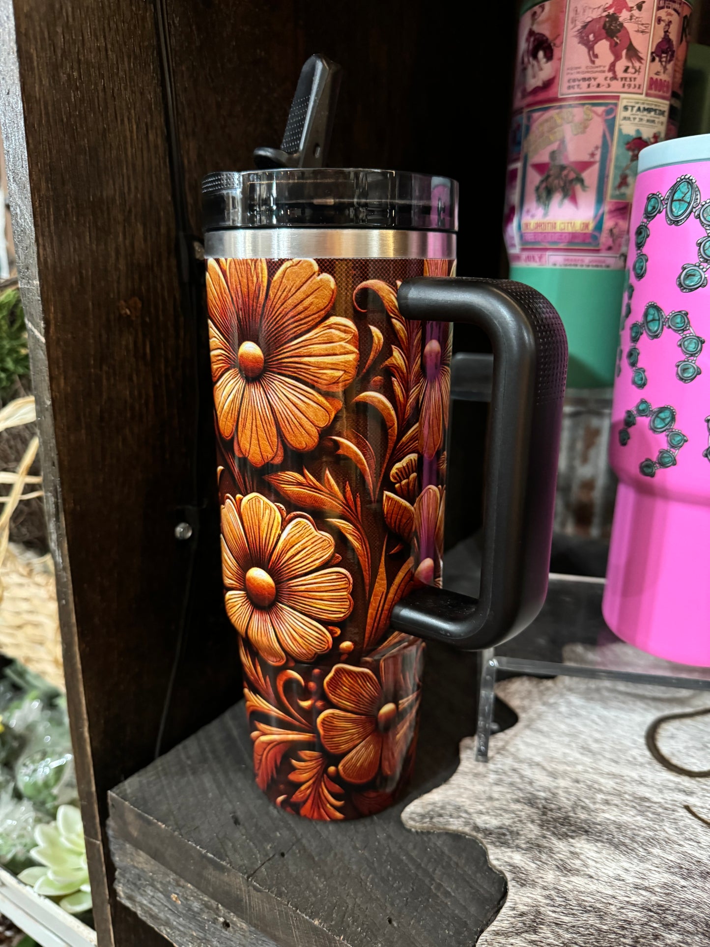 Brown Tooled Tumbler Flip Straw 30oz