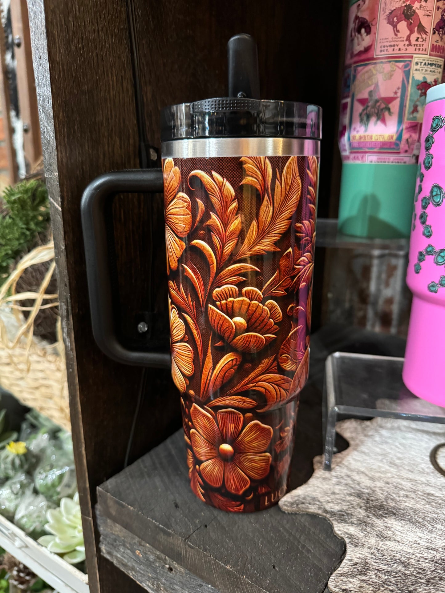 Brown Tooled Tumbler Flip Straw 30oz