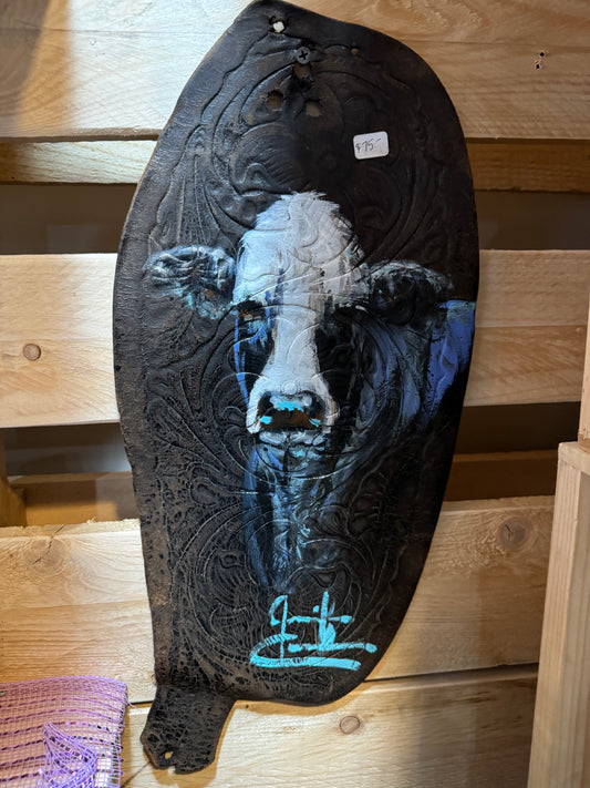 Leather Saddle Fender with Baldy, Jennifer Casebeer Art