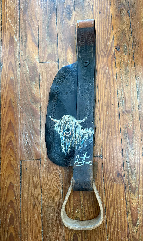 Leather Saddle Fender and stirrup with Highland, Jennifer Casebeer Art