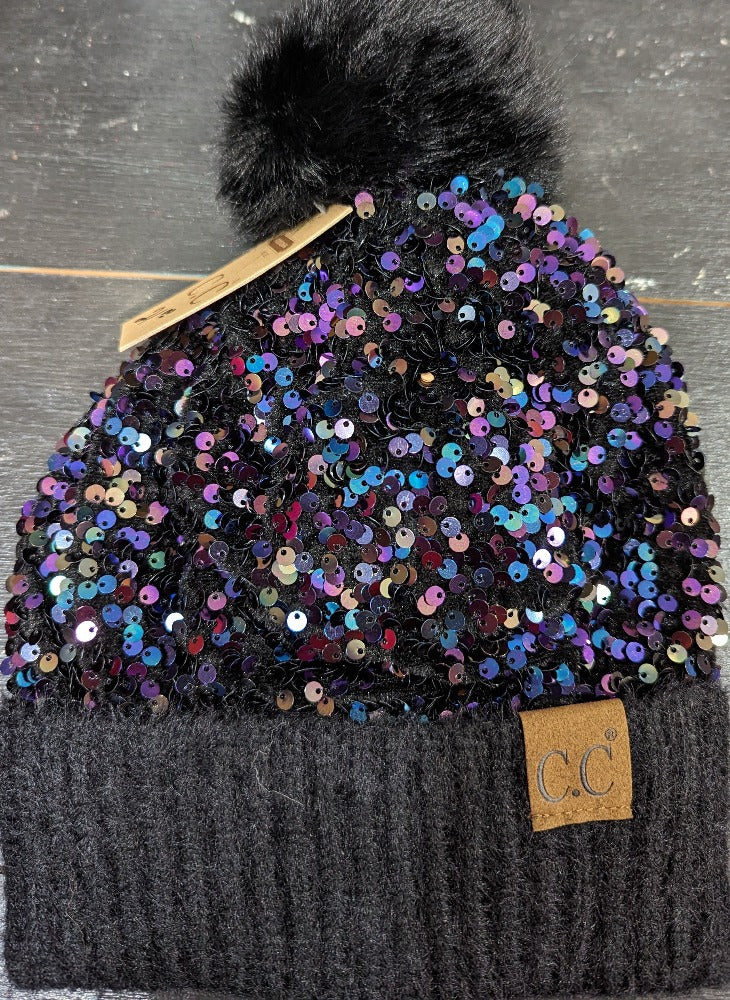 CC Cluster of Sequins Beanie with Pom
