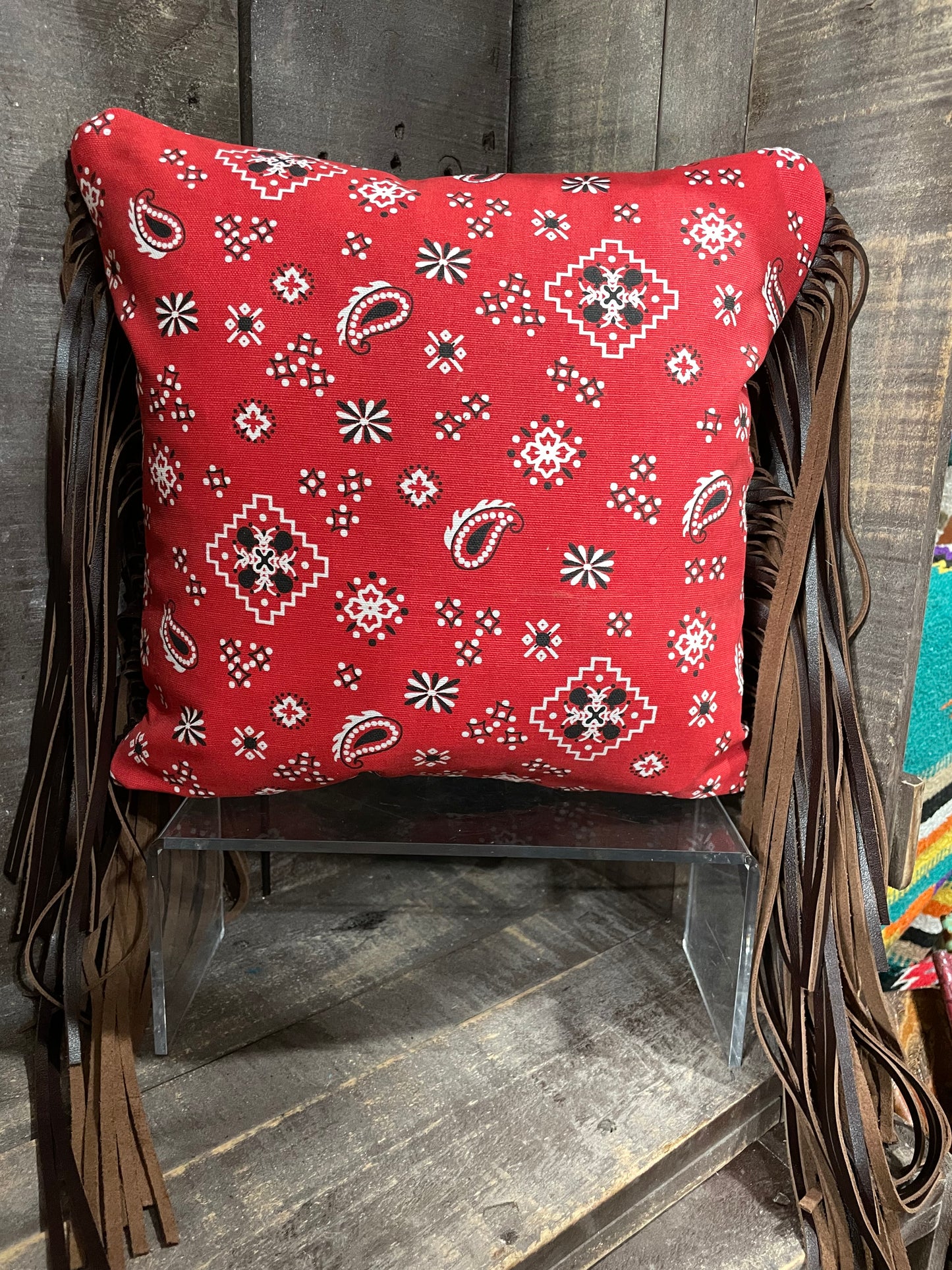 Red Paisley  Leather Pillow