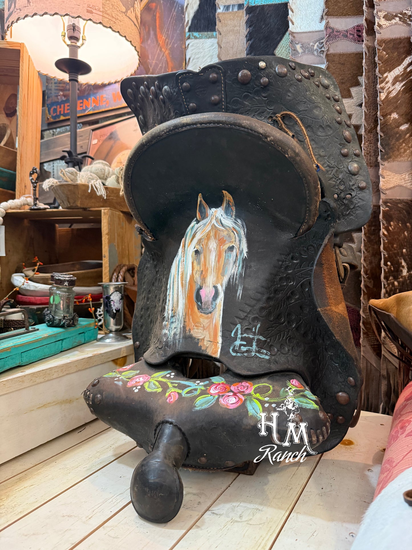 Jennifer Casebeer Art Buckskin Horse on Vintage Saddle #107