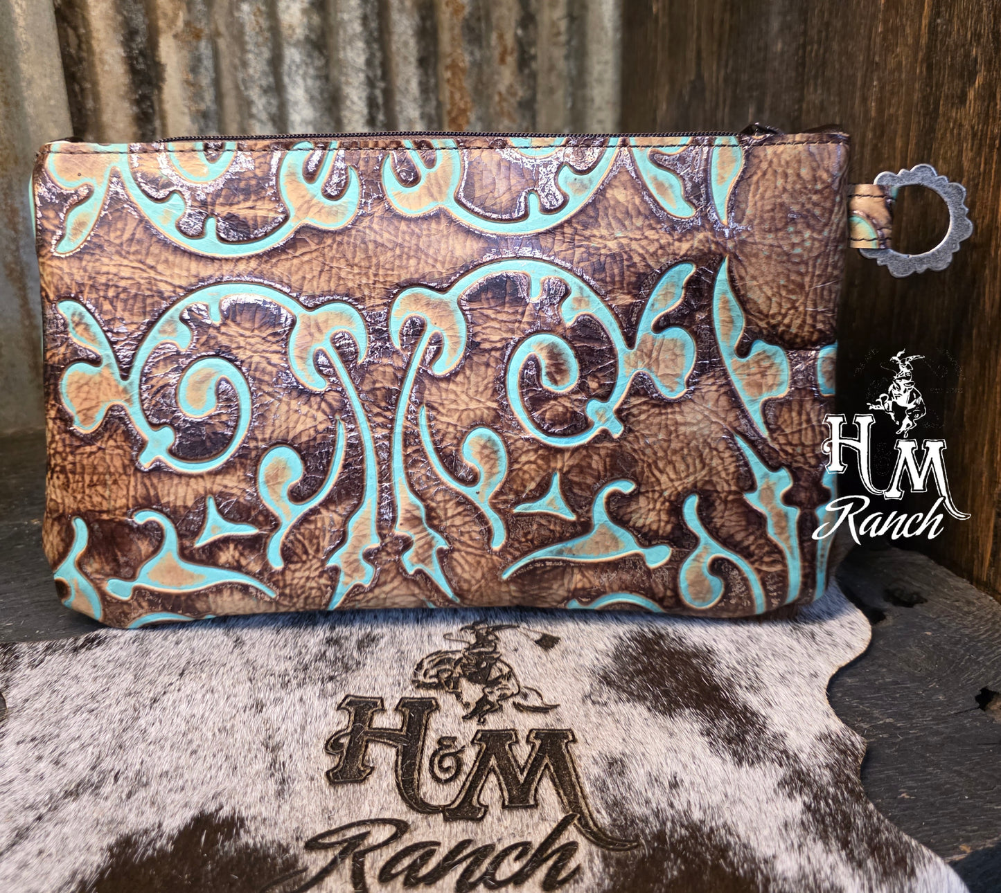 Bank or Makeup Bag, Bucking Bronc Rider, Turquoise Gold
