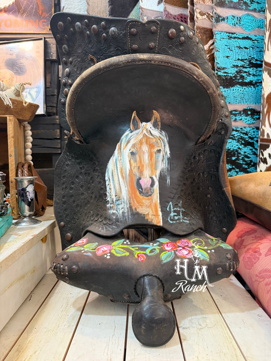 Jennifer Casebeer Art Buckskin Horse on Vintage Saddle #107
