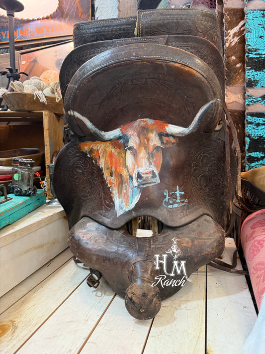 Jennifer Casebeer Art Longhorn on Vintage Saddle #109