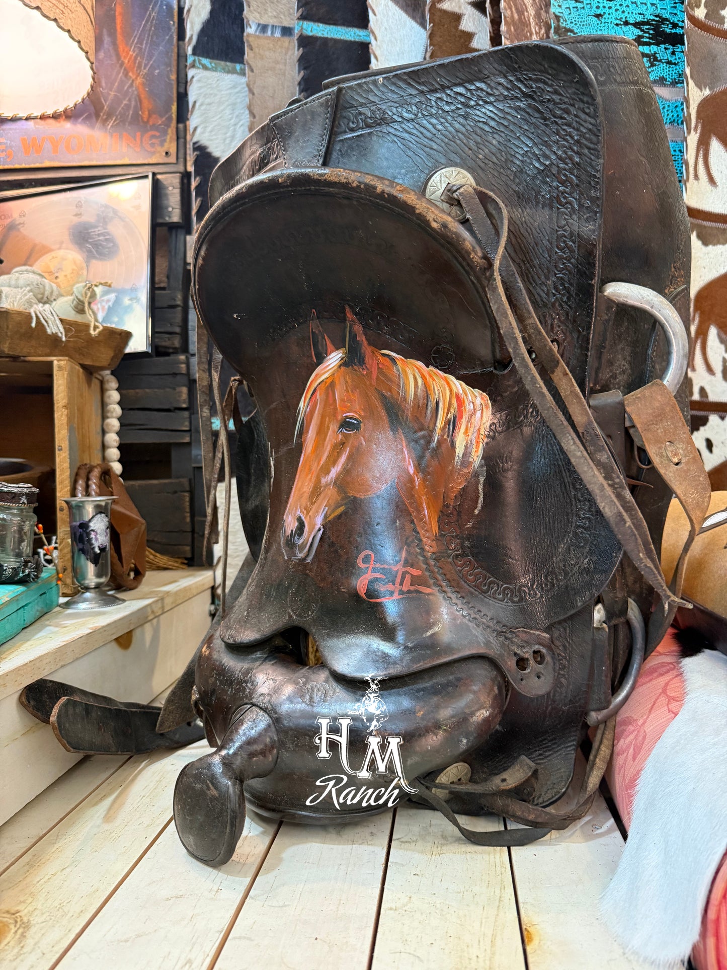 Jennifer Casebeer Art Sorrel Horse on Vintage Saddle #111