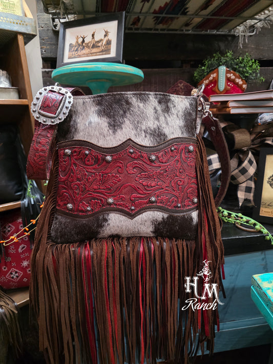 Mid Rise Leather Handbag, Red Cowboy Tooled