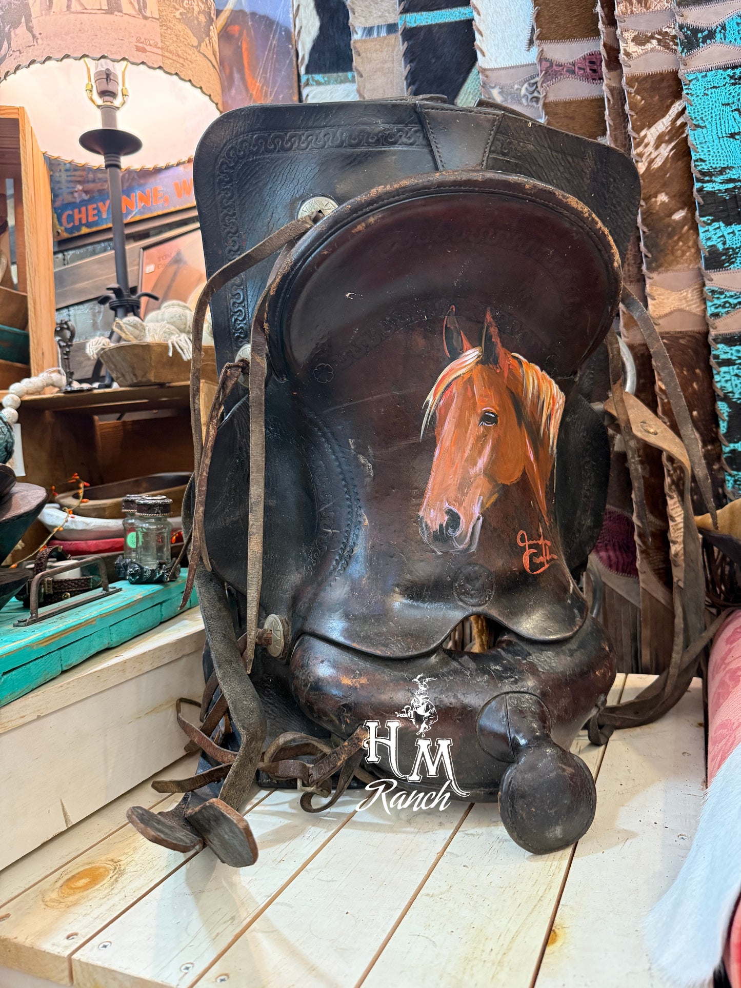Jennifer Casebeer Art Sorrel Horse on Vintage Saddle #111