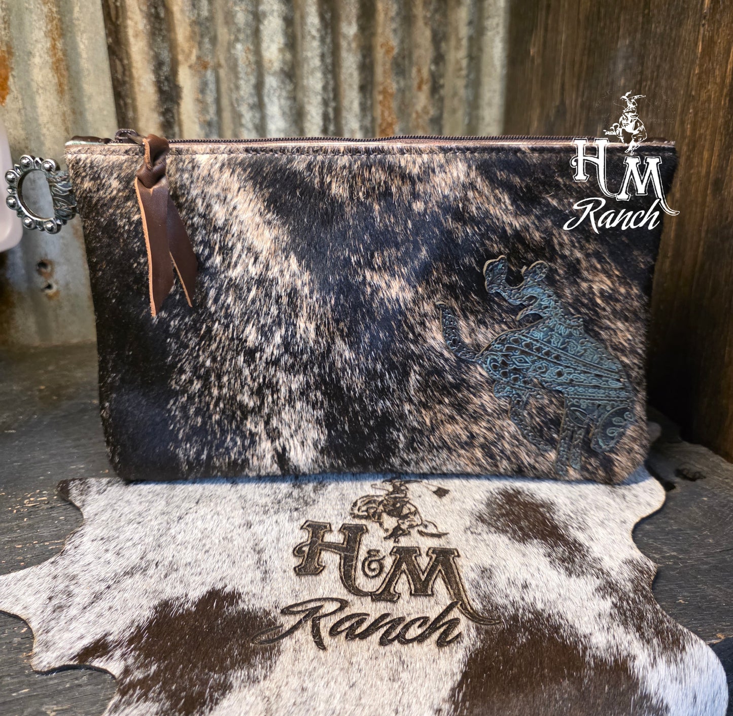 Bank or Makeup Bag, Bucking Bronc Rider, Turquoise Paisley