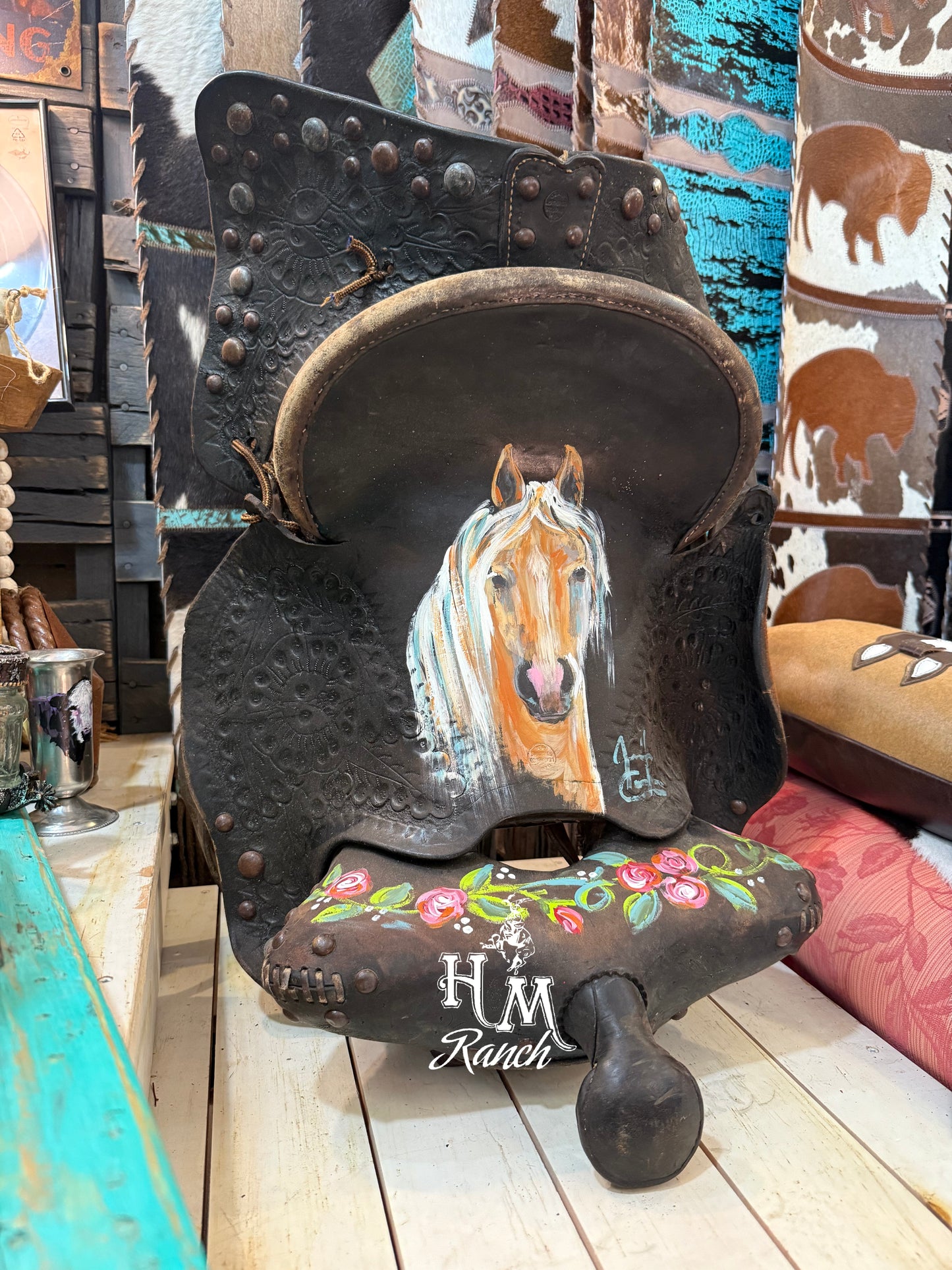 Jennifer Casebeer Art Buckskin Horse on Vintage Saddle #107