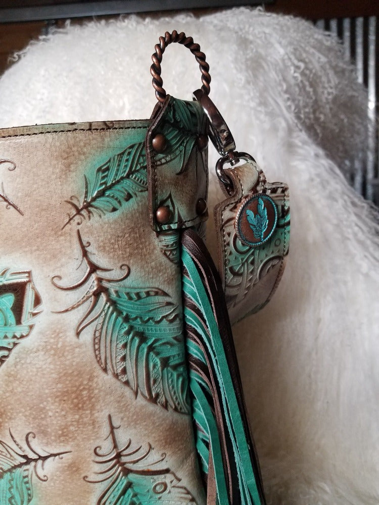 3 PC Set Large Bucket Bag Brown and Turquoise Feathers