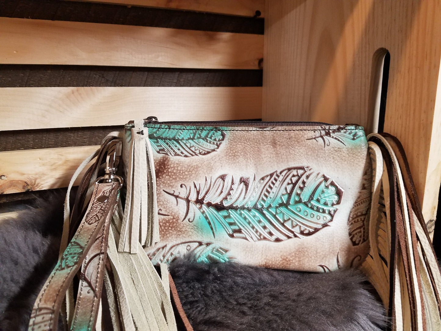 Wristlet, Cream, Brown, and Turquoise Feathers