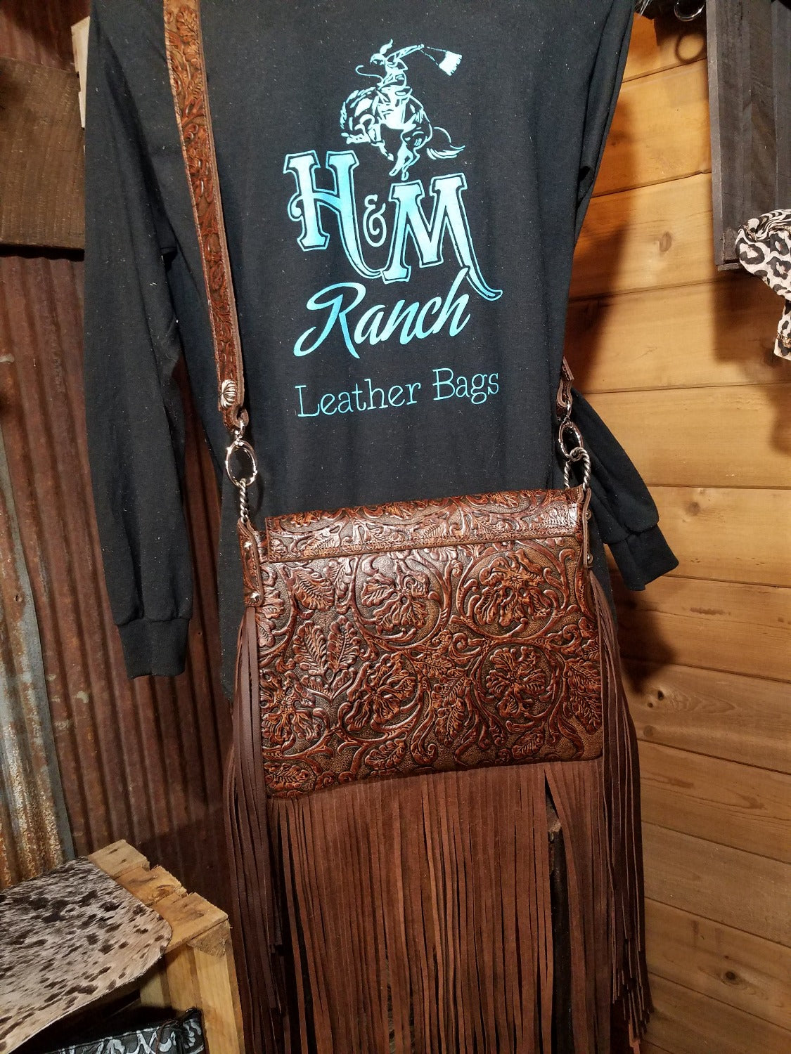 Saddle Bag, Half Pint Cowboy Tooled Leather Aqua Wool