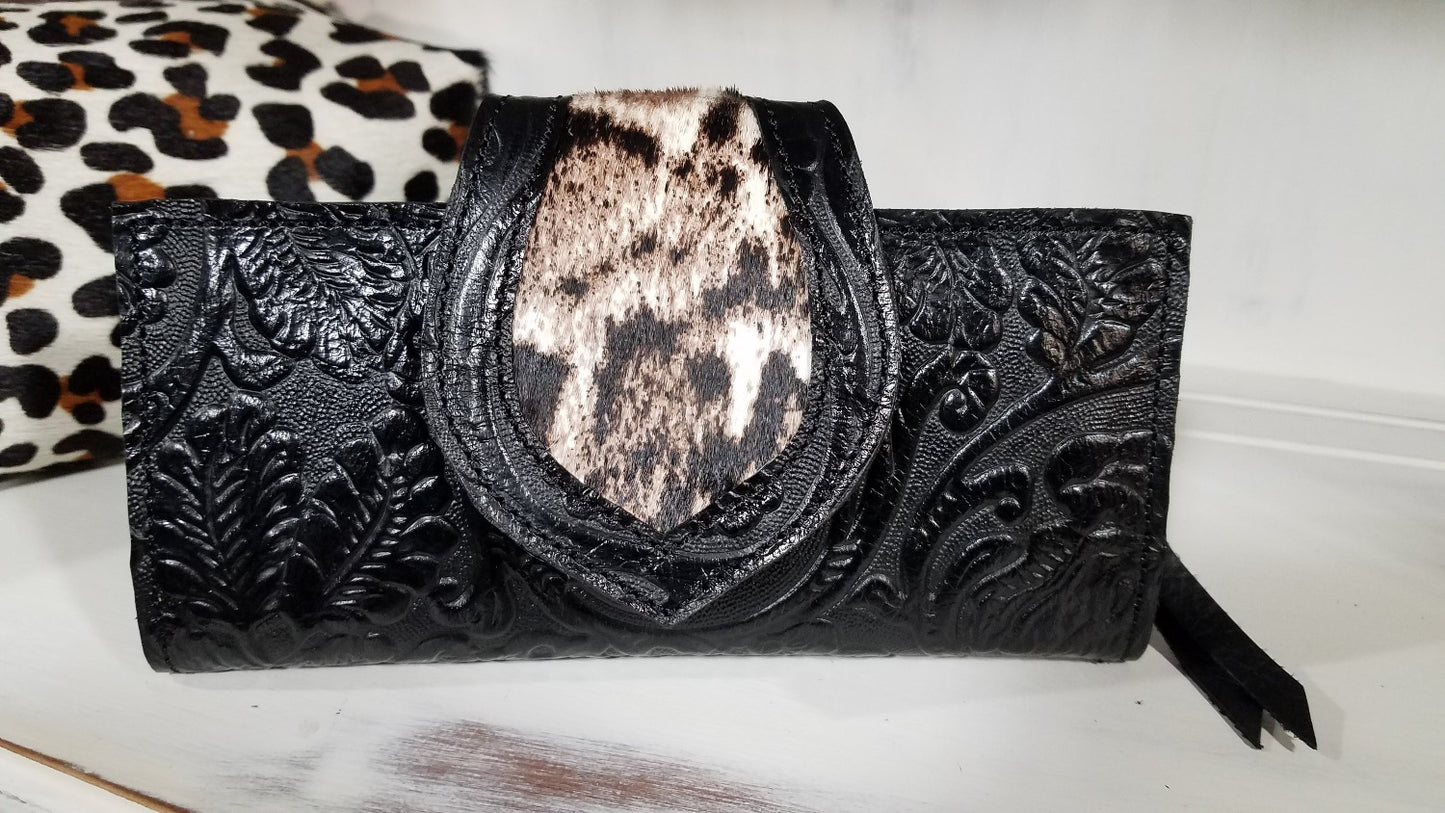 Leather Wallet, Bifold Black Cowboy Tooled Snow Leopard