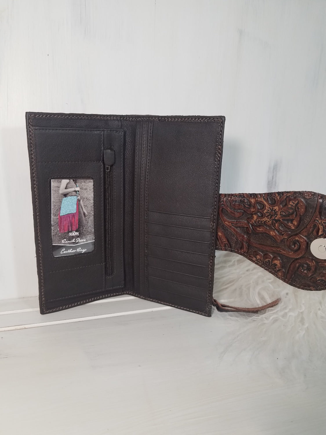 Leather Wallet, Bifold Brown Cowboy Tooled Leopard