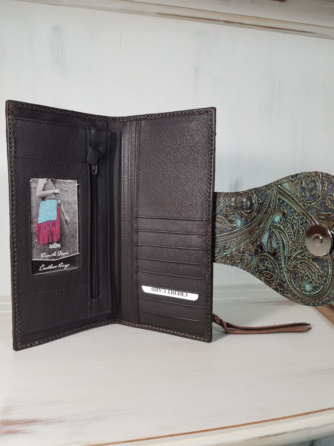 Leather Wallet, Bifold Turquoise Paisley Axis