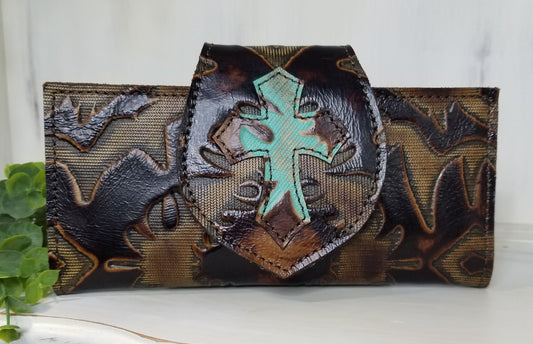 Leather Wallet, Boot Top Brown, Turquoise CrossBifold