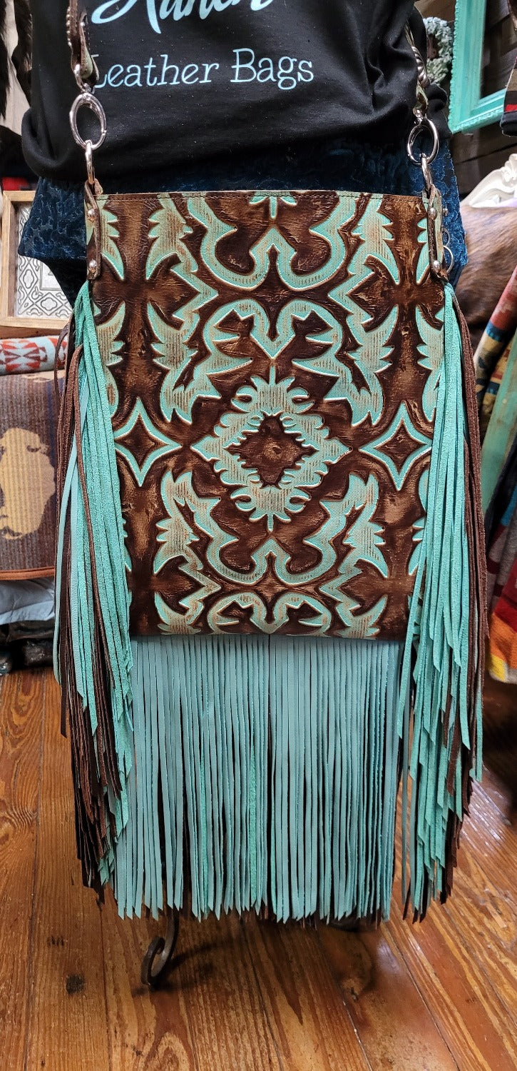 XLG Crossbody Sling, Boot Top Turquoise and brown, double fringe
