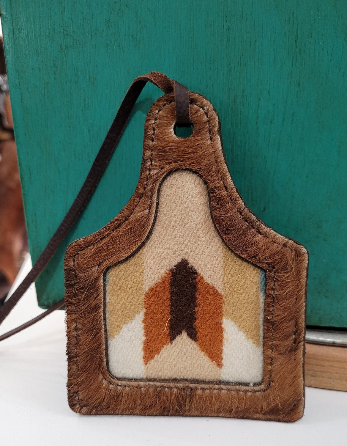 Leather Ear Tag Car Freshie, Wool Inlay