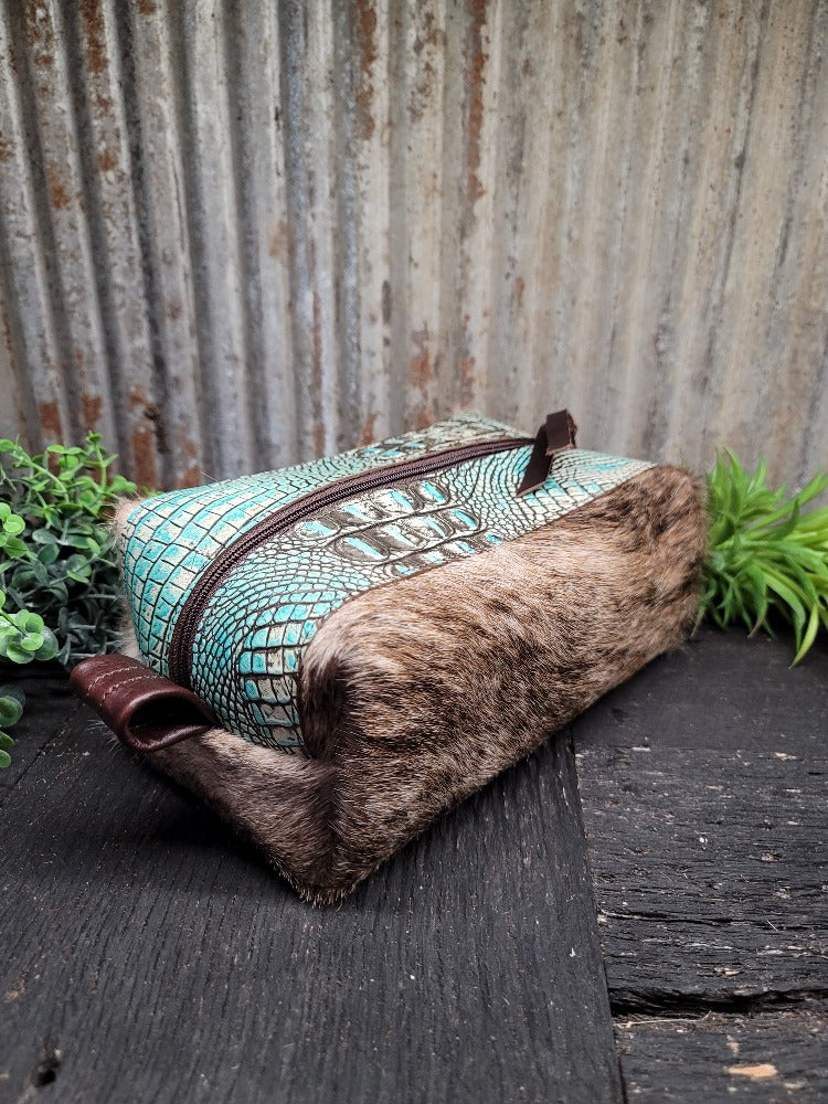 Toiletry Bag Large, Light Brindle Turquoise Croc Accent