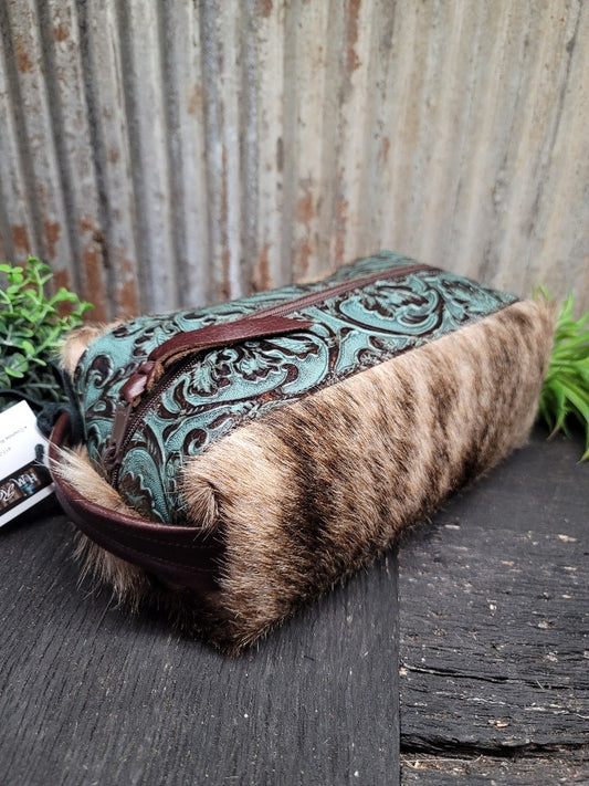 Toiletry Bag Large, Light Brindle Cowboy Tooled Copper Accent