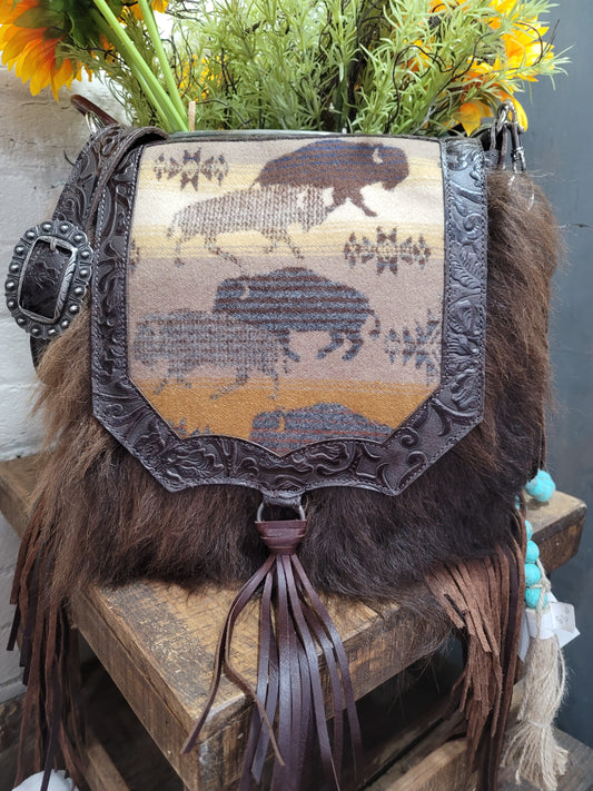 Mid Rise Saddle Bag, Authentic Bison and Wool Inlay