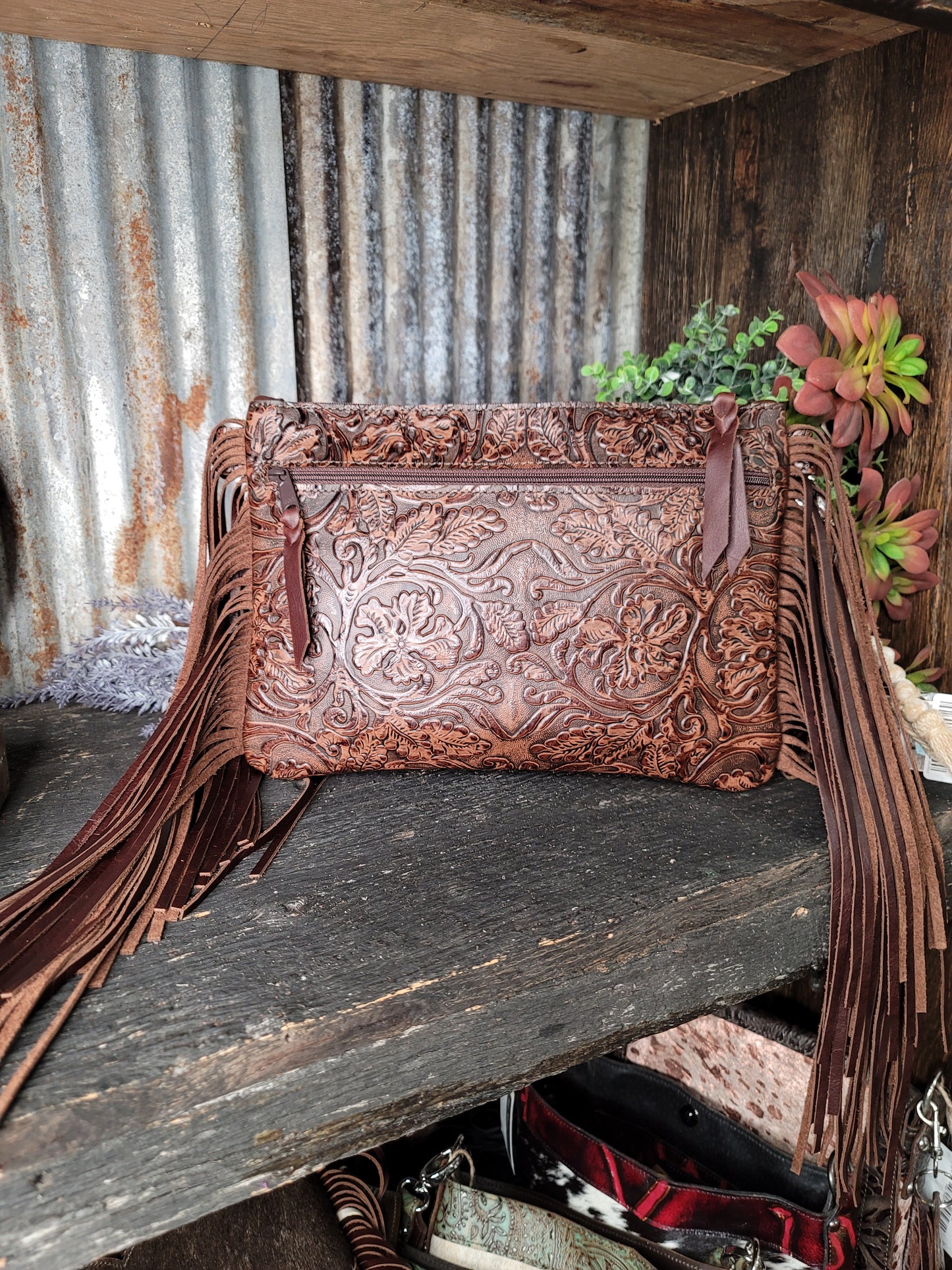 Half Pint Wristlet, Jag print with brown cowboy tool