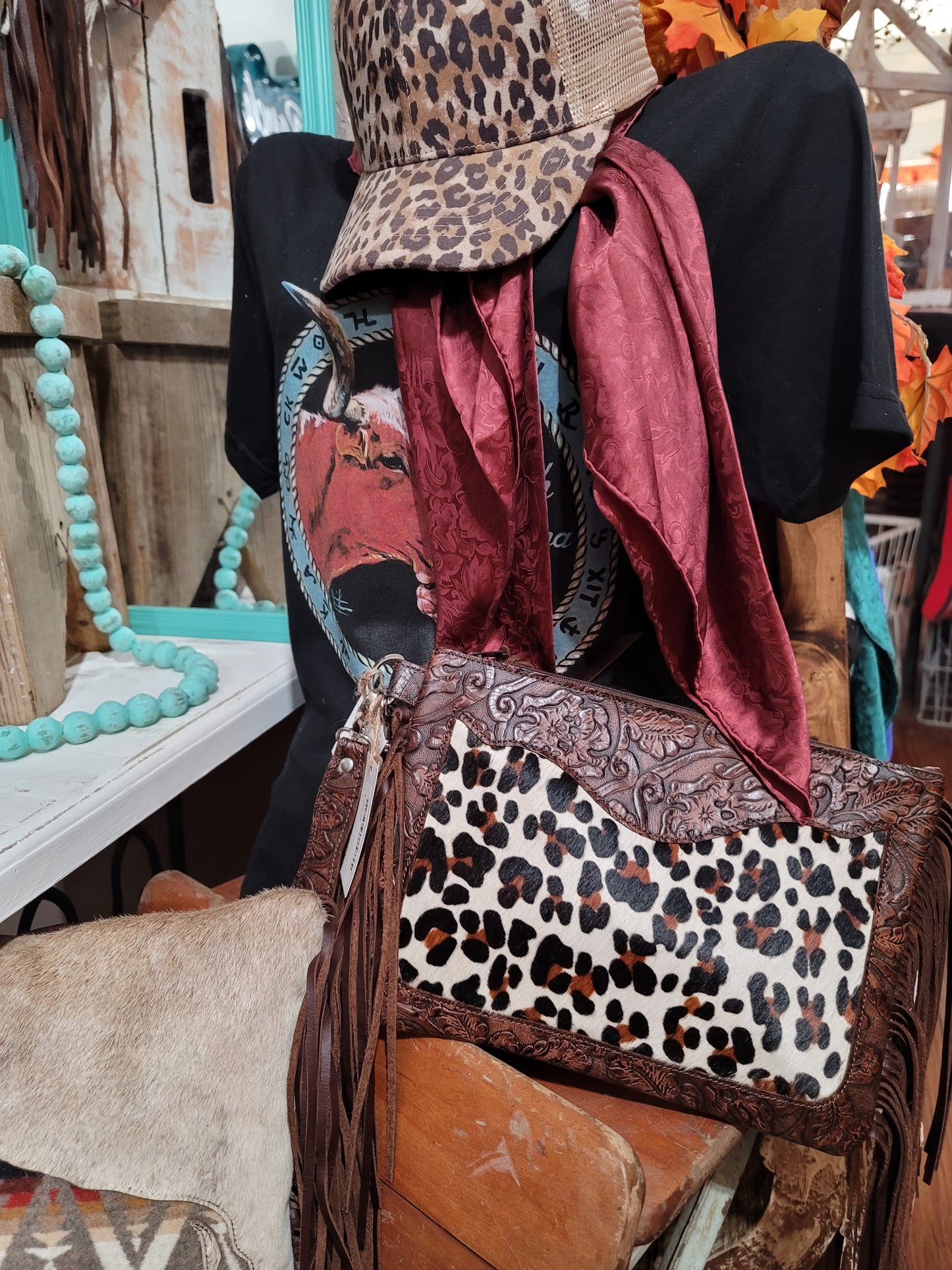 Half Pint Wristlet, Jag print with brown cowboy tool