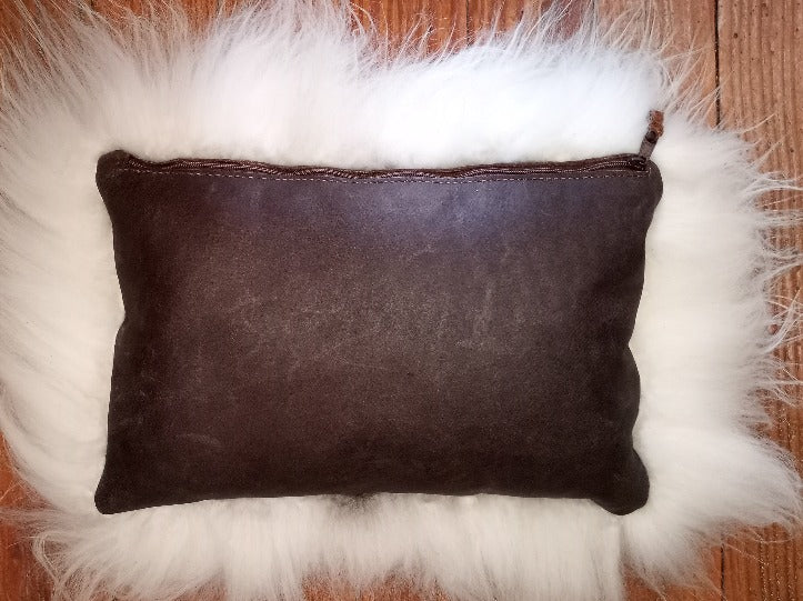 Icelandic hide pillow in white with brown leather back - 2 sizes