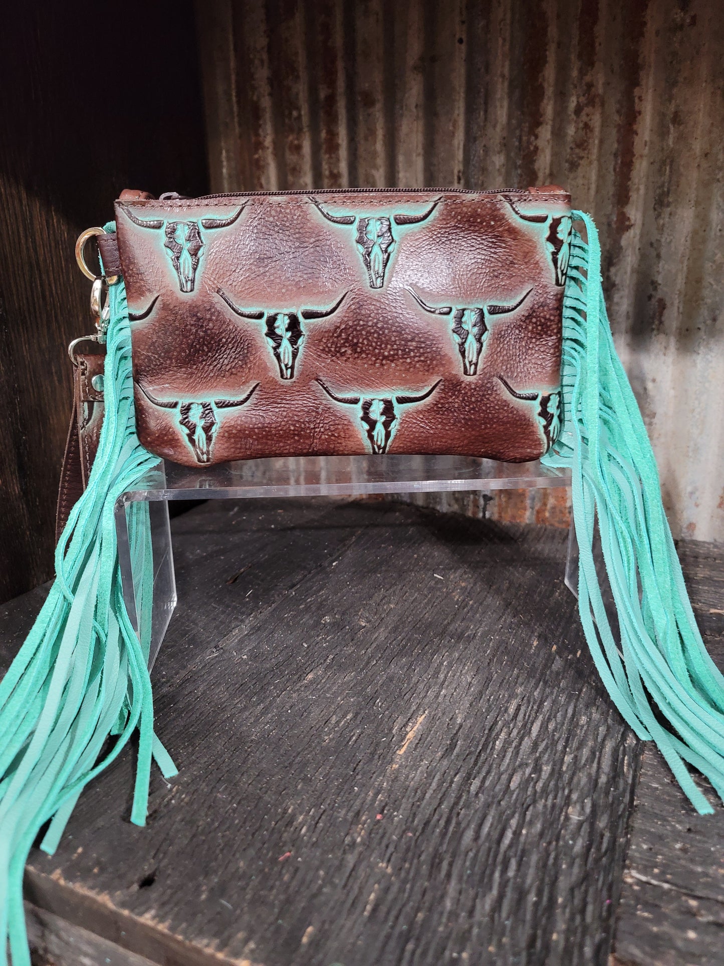 Wristlet, Turquoise and Brown Embossed Longhorns With Fringe