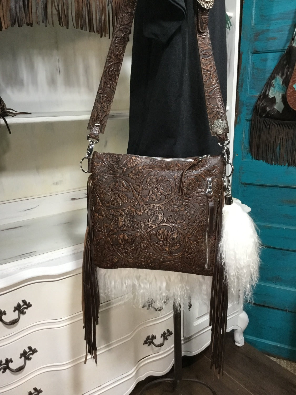 Ready to Ship Distressed Embossed Leather Western CROSS BODY Rodeo