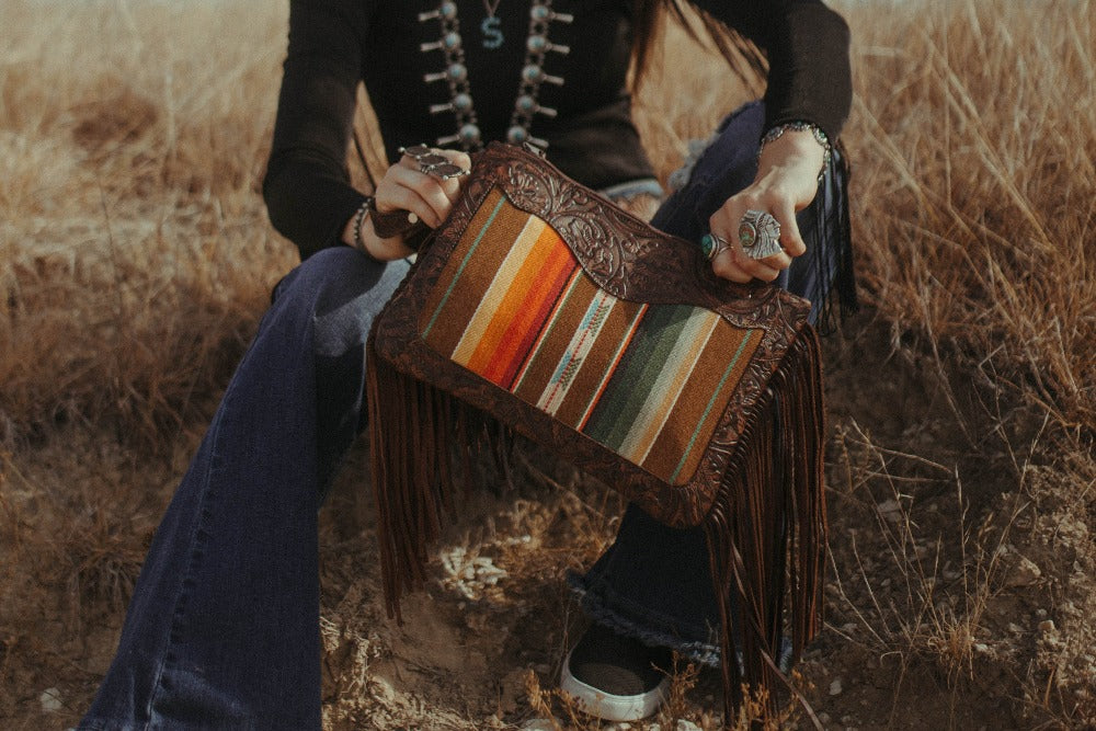 Half Pint Wristlet, Serape print with brown cowboy tool