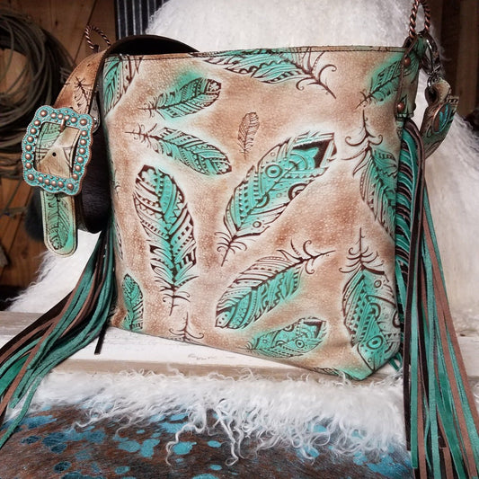 3 PC Set Large Bucket Bag Brown and Turquoise Feathers