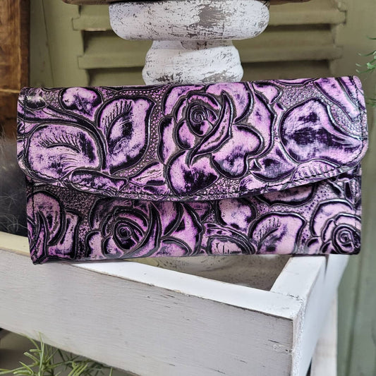 Leather Wallet, Trifold Purple Rose