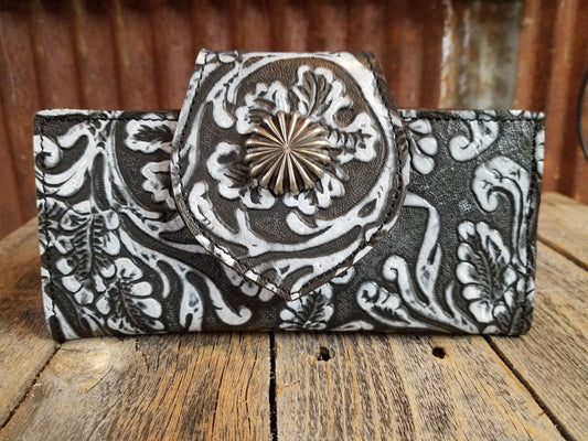 Leather Wallet, Bifold Black White Floral