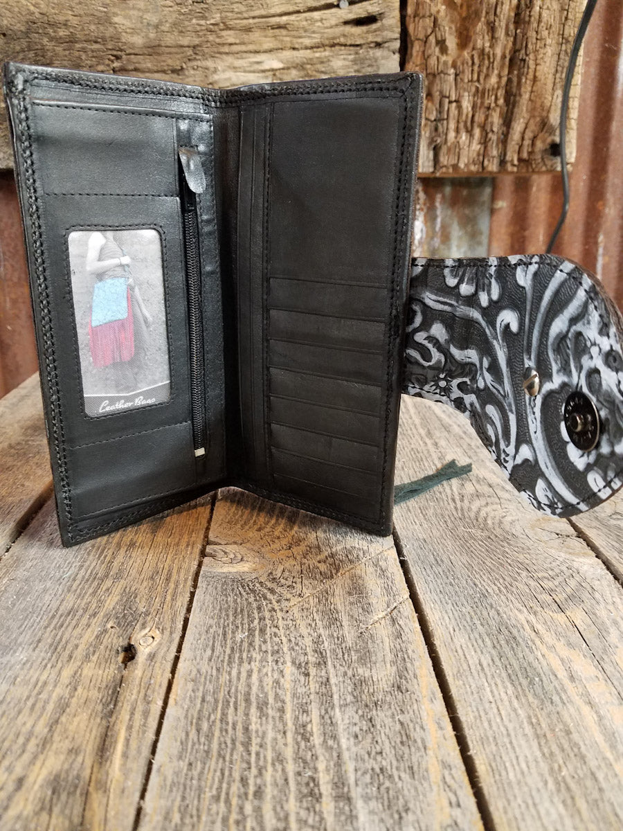 Leather Wallet, Bifold Black White Floral