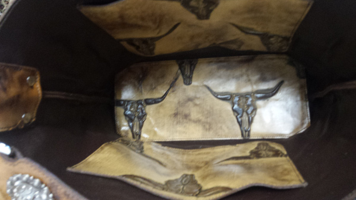 Large Leather Bucket Bag, Tan Longhorns with Fringe