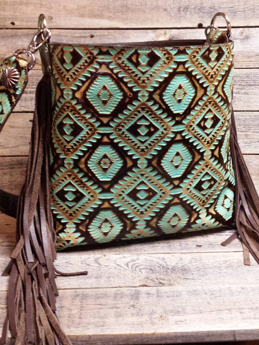 Large Leather Bucket Bag, Aztec Turquoise and Brown