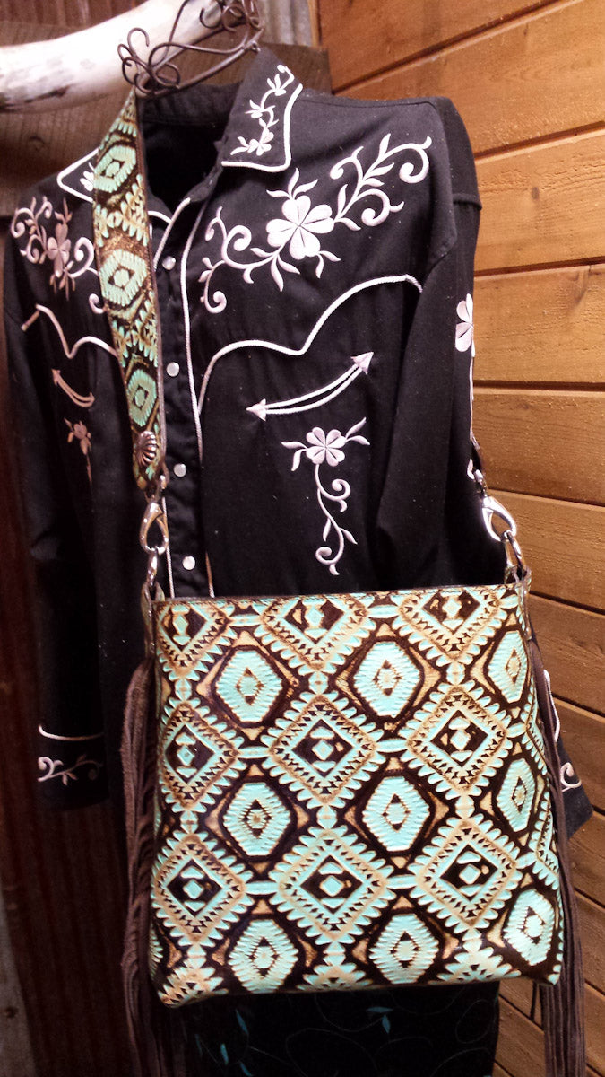 Large Leather Bucket Bag, Aztec Turquoise and Brown