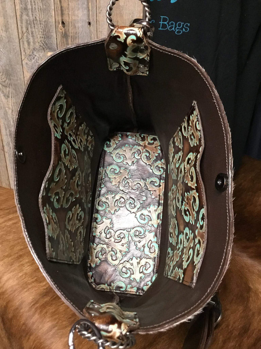 Large Leather Bucket Bag, Kaleidoscope Turquoise Brown